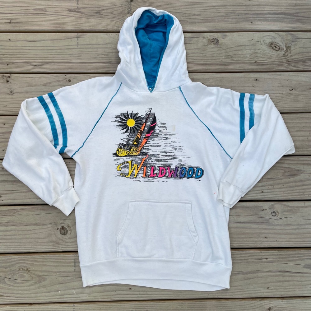 Vintage Wildwood NJ Windsurfing Hoodie White Blue Raglan 80s Souvenir Sweatshirt